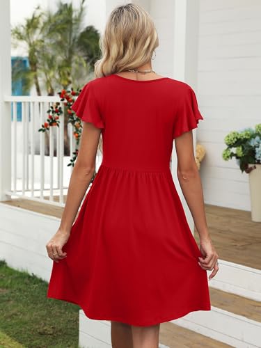 Image of Heymoments Women Summer Dress Ruffle Sleeve Red XX-Large Crewneck Casual Cute Loose Sundress Comfy Swing Midi Work Flowy Tunic Ladies Beach Vacation Teacher Dresses with Pockets