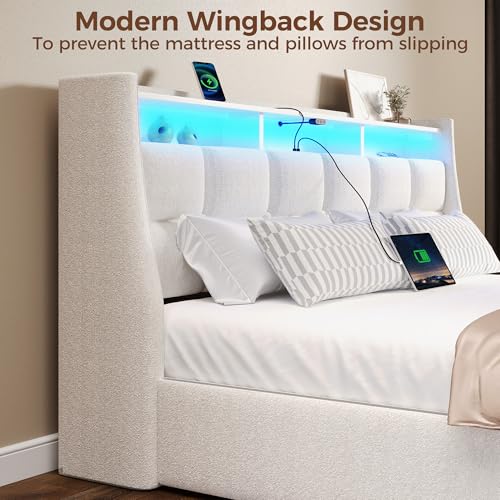 Rolanstar Queen Size Bed Frame with LED Lights and Charging Station, Upholstered Bed Storage Headboard & Drawers, Heavy Duty Wood Slats, Easy Assembly, White