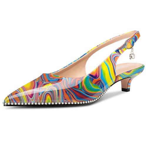 Image of TNYNFBEB Womens Low Kitten Heel Close Pointed Toe Pumps Slingback Silver Beaded Buckle Prom Party Dress Patent Leather 1.4 Inches Heels