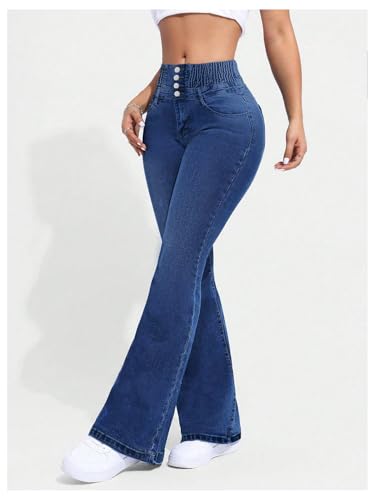 WDIRARA Women's Flared Jeans Smocked High Waisted Bell Bottom Skinny Denim Pants2