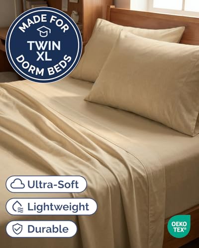 Image of Twin XL 4 Piece Sheet Set - College Dorm Room Essentials - Heathered Tan
