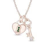 AFFY Round Shape Simulated Emerald & CZ Lock and Key Pendant Necklace 14k Rose Gold Over Sterling Silver