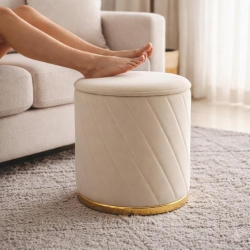Image of Luxury Velvet Ottoman Stool for Living Room & Bedroom | Premium Round Pouffe with Gold Metal Base | Modern Footrest, Extra Seating & Home Decor (Cream Set of 2)