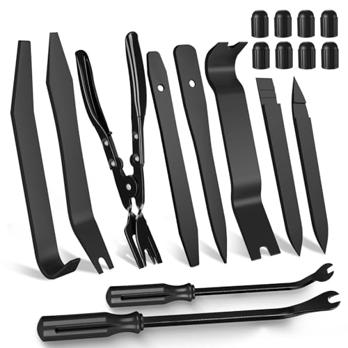 Image of 18 Pcs Auto Trim Removal Tool Kit with Non-Scratch Plastic Pry Tool Fastener Clip Pliers and Tire Caps Valve, Interior Door Panel Clip Removal Set for Vehicle Dash,Black