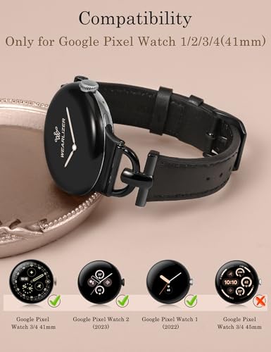 Image of Wearlizer Leather Bands Compatible with Google Pixel Watch 4 /3 41mm /Pixel Watch 2 /1 Band Women, Dressy Designer Slim Leather Strap with D-Shape Metal Buckle for Pixel Smartwatch Accessories