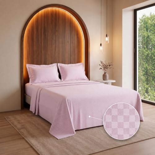 Image of LANE LINEN 400TC 100% Cotton Micro Check King Size Bedsheet - Lilac | OEKO-Tex Certified, 108 x 108 Inch, Fits King & Double Size Bed, Breathable & Wrinkle-Free, Includes 2 Pillow Covers