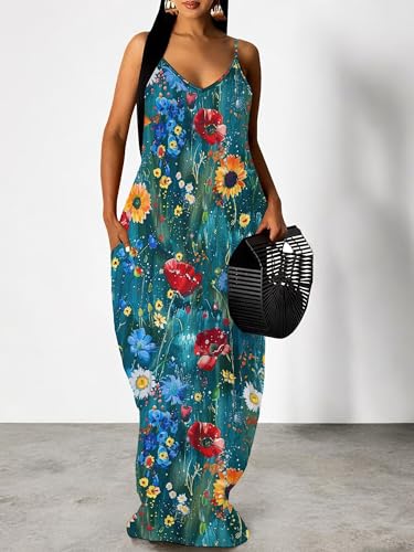 Image of SUZONANA Women's Plus Size Summer Dresses Spaghetti Print Maxi Dresses Long Loose Sundresses