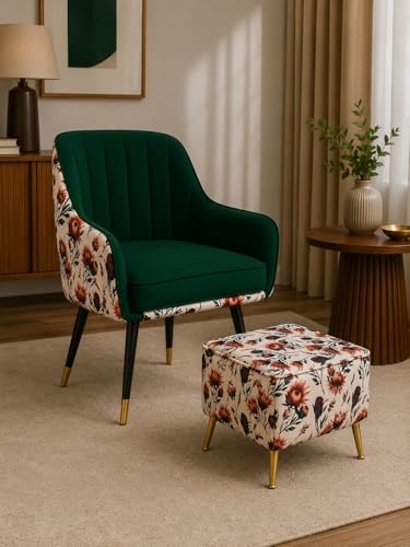 Image of Designer Accent Chair with Floral Printed Back & Footstool | Velvet Lounge Chair for Living Room, Makeup Vanity & Bedroom. (Green Floral Set)