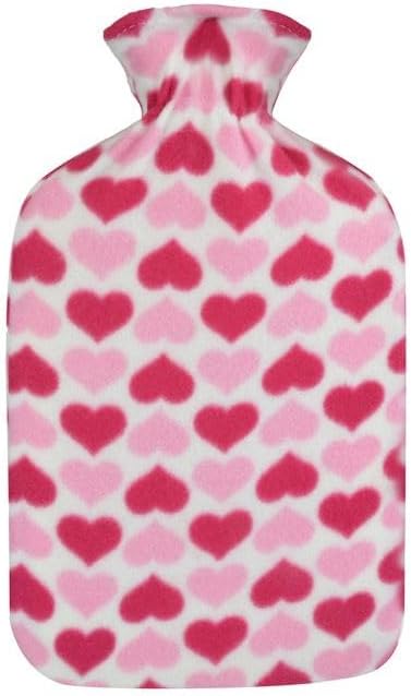 Primes DIY Hot Water Bottle with Soft Fleece Cover, 2L Classic Rubber Hot Water Bag for Menstrual Cramps, Feet Warmer, Neck, Shoulders Pain Relief, Back & Cosy Nights, Cold Therapy (Pink with Heart)