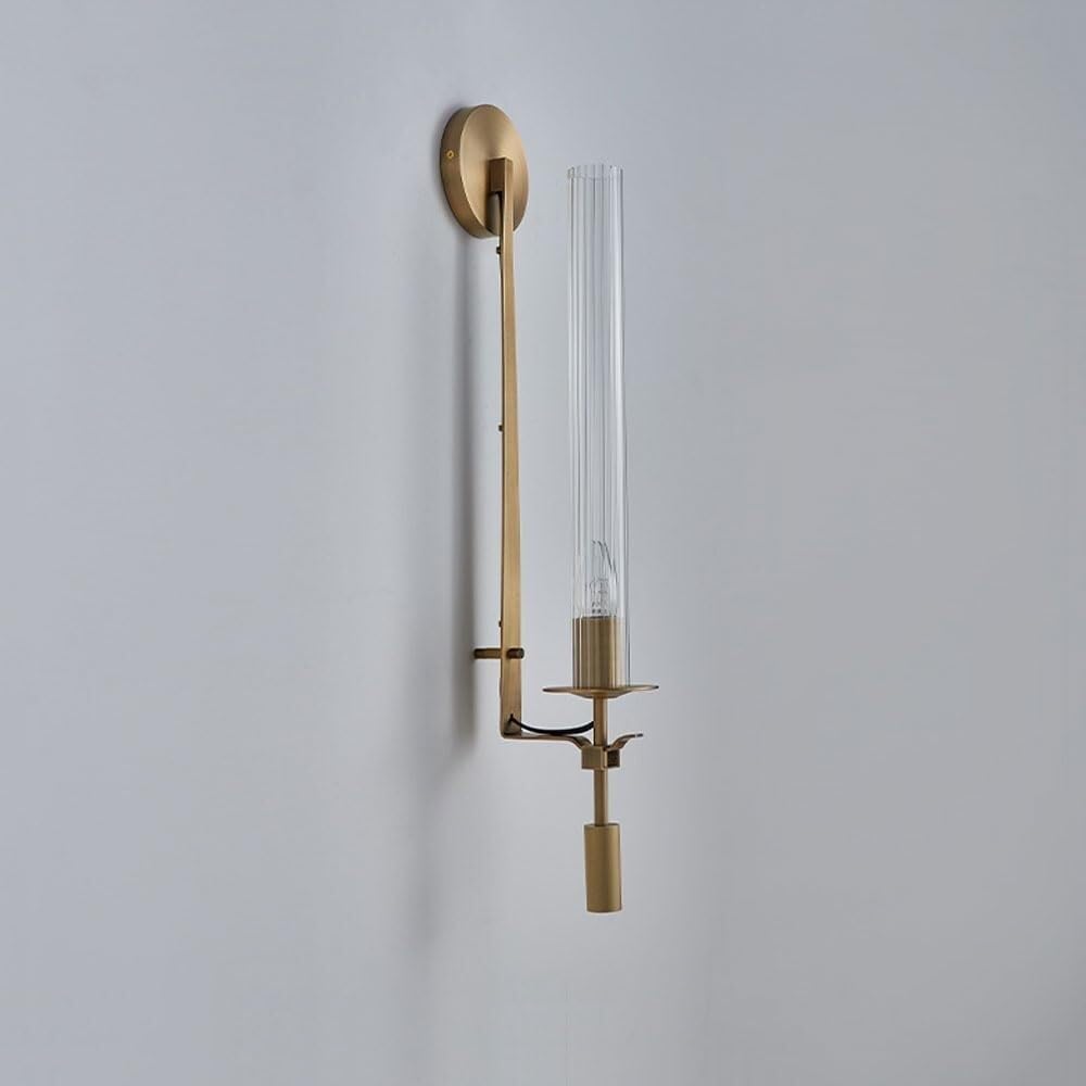 Lampada da parete in vetro a tubo lungo, lampada moderna in ottone, applique cilindrica in rame con paralume in scanalato. for camera letto, comodino(Gold)