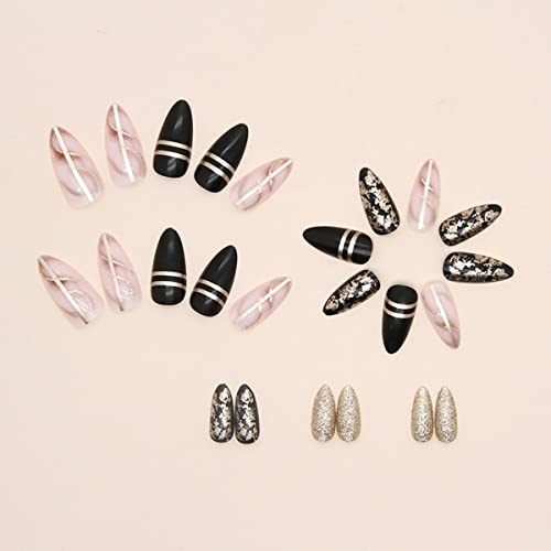 Black Almond Press On Nails Medium Length Gold Foil Fake Nails With Gold Foil Glitter Line Designs Glossy Coffin Nails Full Cover Nail Tips Glue On Nails Artificial Acrylic False Nails For Women 24Pcs #TOP2