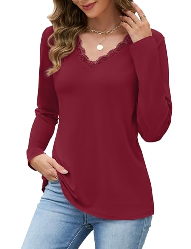 JUSTFASHIONNOW Shirts for Women Long Sleeve Lace Tops V Neck Solid Tshirt Plus Size Blouses Business Casual Fashion Tops Trendy Winter Clothes (Wine Red,XX-Large) — view 3