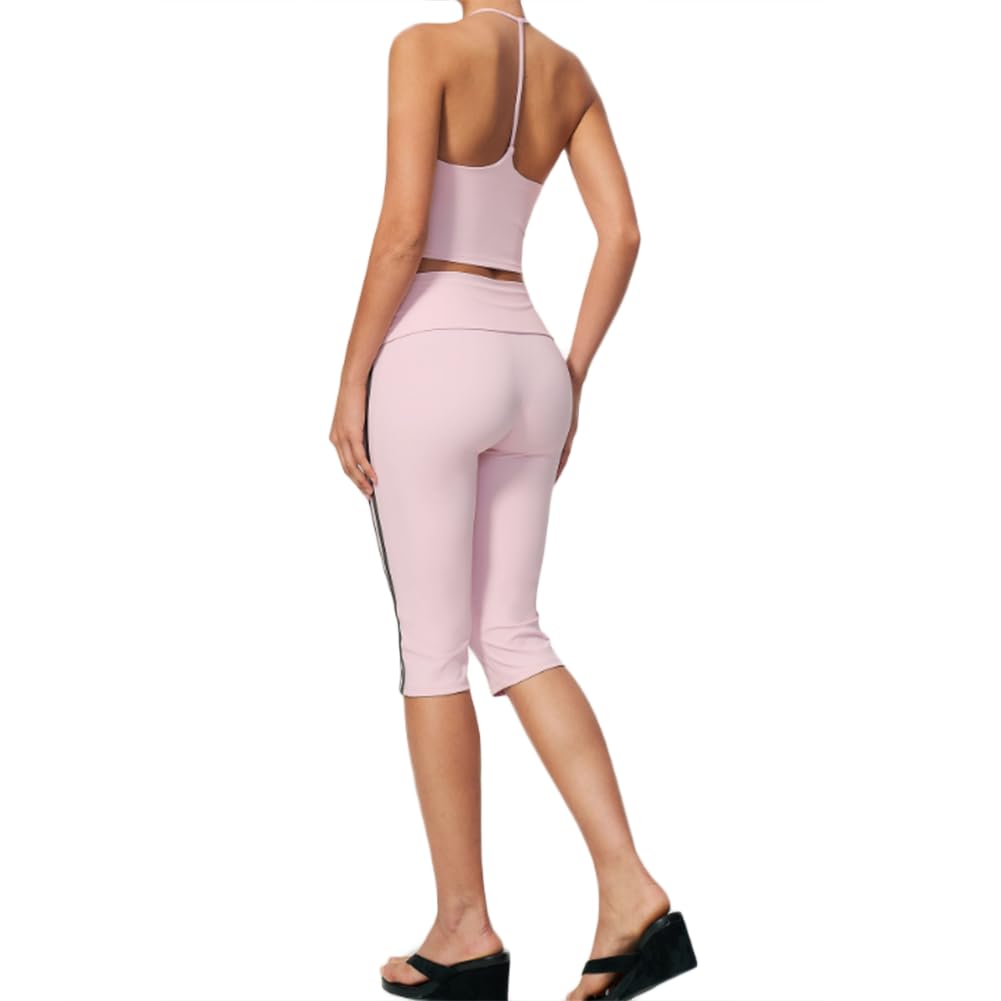 Top Yoga Donna Scollo V Profondo e Pantaloni Capri | Canotta corta halter scollo V, pantaloni yoga capri con strisce laterali e vita ripiegabile, completo fitness 2 pezzi elastic