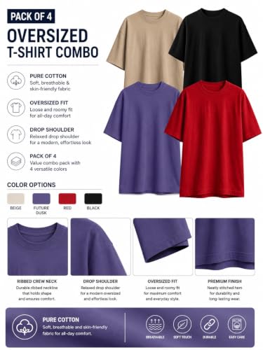 Image of Veirdo 100% Pure Cotton Oversized Baggy Fit Half Sleeve Solid Core Round Neck Multicolor T-Shirt Combo for Men & Boys (Pack of 4)