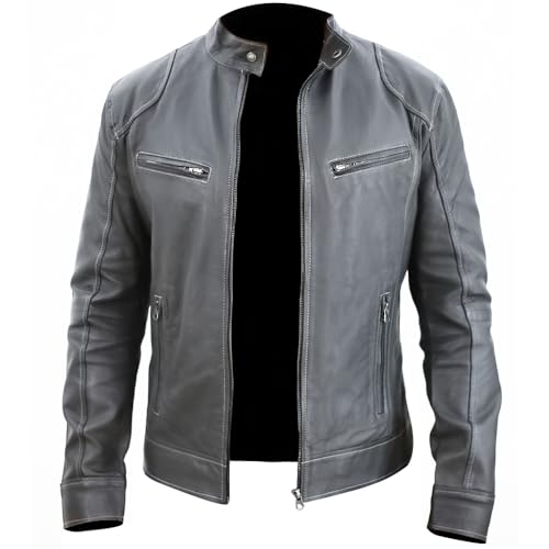 Image of Men's Real Leather Jacket Biker Motorcycle Cafe Racer Vintage Retro Bomber Winter Black Genuine Leather Jacket