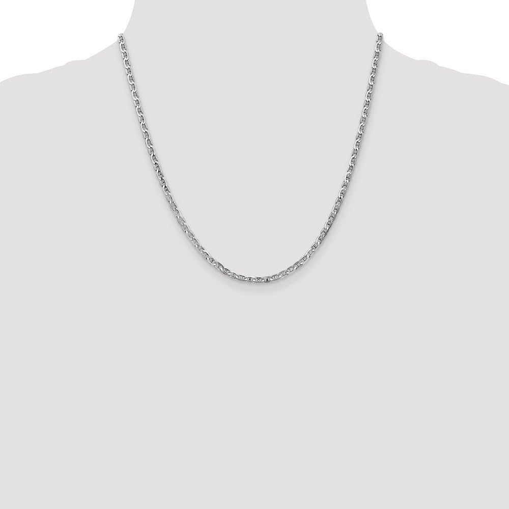Solid 14k White Gold 3mm Concave Anchor Mariner Chain Necklace - with Secure Lobster Lock Clasp