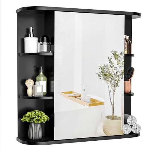 Pamapic Spiegelschränke fürs Bad, Badezimmerschrank mit Spiegel, Hängeschrank Badezimmer mit verstellbaren Ablagen, Schrank mit Badezimmerspiegel, Wandschrank,67,5 x 60 cm, Schwarz