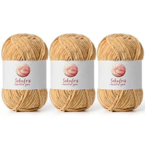 Image of Chenille Yarn for Crocheting, Size 5 Bulky,3 Khaki | 300g /393yds Soft Chunky Velvet Yarn for Crochet and Knitting,Fluffy Baby Yarn for Amigurumi,Blankets and DIY Crafts.