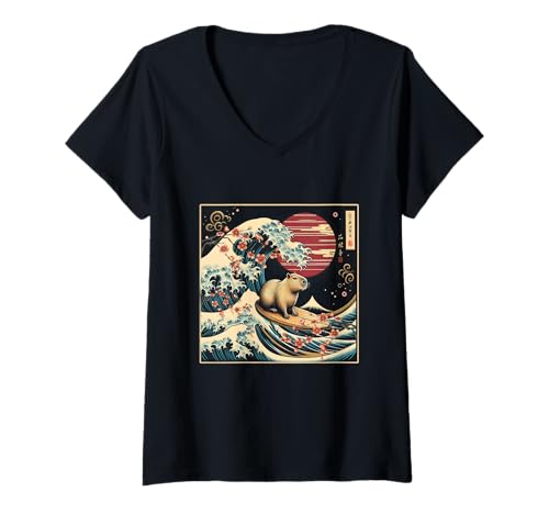 Mujer Capybara Ondeando Surf Arte Japonés GreatWave Atardecer Camiseta Cuello V