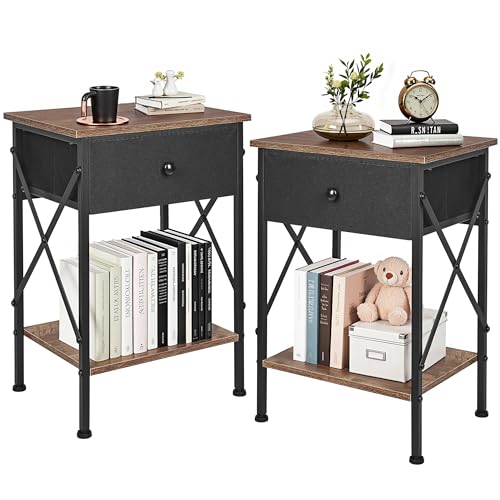 VECELO Nightstand Set of 2, X-Design End Side Table with Fabric Storage Drawer and Open Shelf, Bedside Night Stand with Steel Frame for Bedroom, Living Room,Dorm, Easy Assembly, Walnut Brown