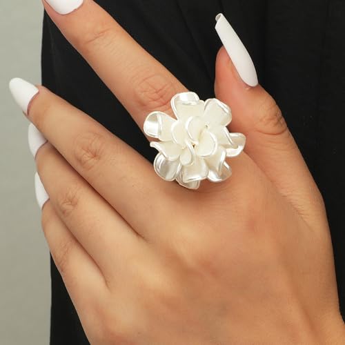 White Pearl Flower Statement Ring for Women Camellia Rose Flowers Adjustable Open Bands Wedding Promise Finger Rings Fashion Exaggerated Comfort Fit Jewelry Gifts Birthday2