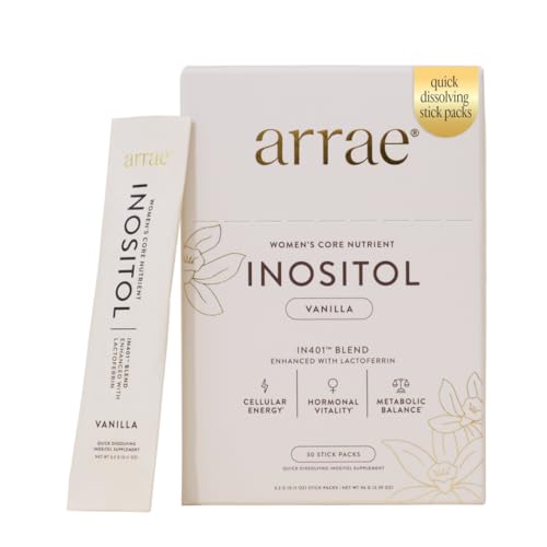 Image of Arrae Inositol Supplement for Women - Supports Healthy Hormonal Balance, Regular Cycles, & Ovarian Health - 40:1 Myo & D-Chiro Raton with Lactoferrin & Folate - Vanilla Flavor - 30 Pack