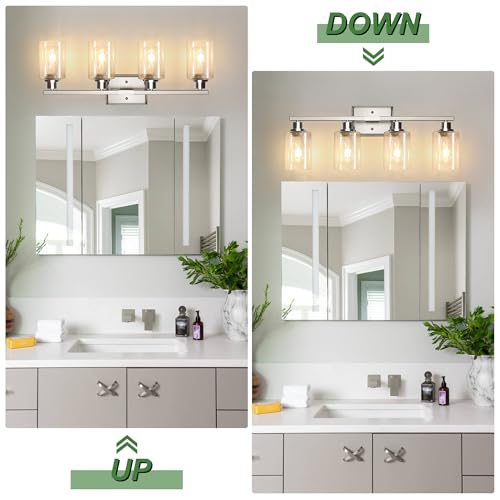 Image of Ascher Bathroom Light Fixtures, 4-Light Vanity Lights with Clear Glass Shade, Modern Brushed Nickel Wall Light for Mirror Bedroom Hallway Cabinet Porch