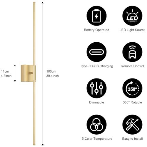 Image of Battery Operated Wall Sconce, 3000K-6000K Dimmable Gold Wall Lights with Remote Control, Timable LED Wireless Wall Sconces, 350 Ratate for Bathroom, Living Room, Hallway 39.4 Inch 1 Pack