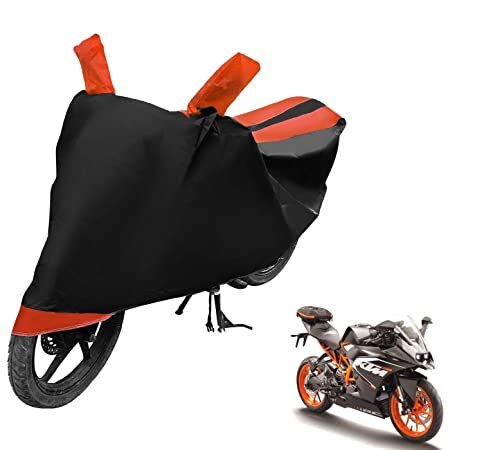 Image of Auto Hub Bike Cover Compatible with RC 200 with Mirror Pocket, Dustproof, Heat Resistant, Triple Stitched, RC 200 Bike Cover- Black, Orange