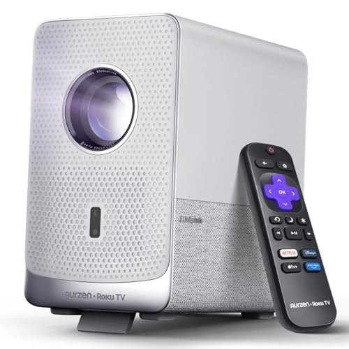 Aurzen Roku TV Smart Projector with Wifi and Bluetooth, D1R Cube Roku Streaming Experience Built-in, Sealed Optical Engine, 1080P FHD, Dolby Audio, Portable Projector for Home/Outdoor Movies