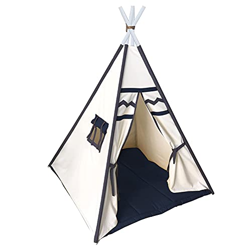 Tent house for kids Teepee Play Tent for Kids Portable Foldable Flag House for Children Play Tents with Mat for Girl and Boy with Carry Case Canvas Playhouse Indoor and Outdoor with Baby Pillow Black-White