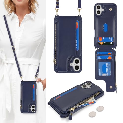 Étui iPhone 16 Plus bleu pochette fermeture éclair sangle femme