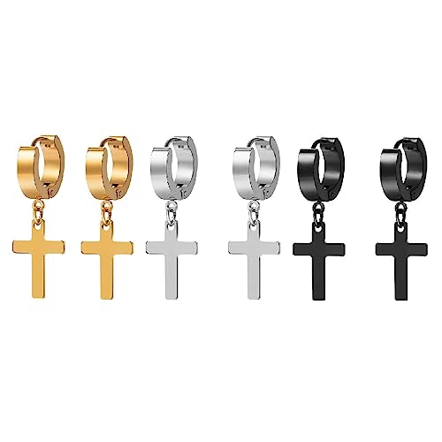 CRLLDPM Lot de 3 paires de boucles d'oreilles anneaux en acier inoxydable, boucles d'oreilles avec croix