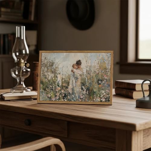 Image of Mother Holding Child Wall Art Vintage Motherhood with Baby Wall Decor Painting Cottage Country Nursery Sign Poster Canvas Print for Kids Bedroom Living Room 16x12 inch Wood Framed