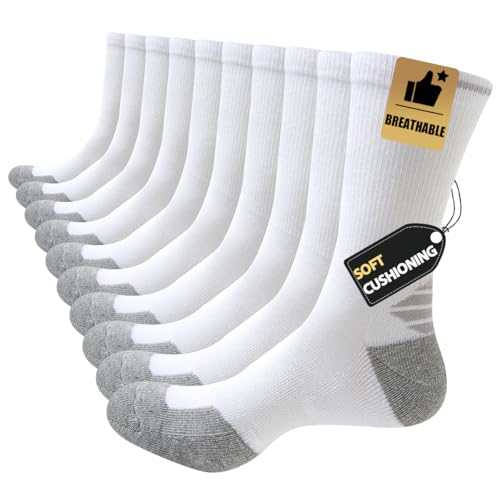 JOYNE 5 Pairs Mens Lightweight Long Cushion Work Socks Casual Breathable Crew Athletic Socks for Workout Sports White Large Sock Size:10-13