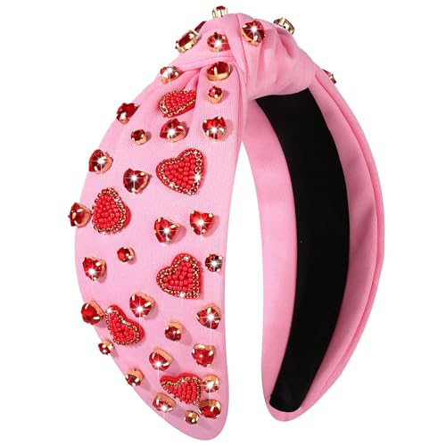 CEALXHENY Valentine's Day Hairband for Women, Red Pink Rhinestone Heart Headband, Knotted Headband, Valentine's Day Accessories, Gifts (Beaded Heart B, 1 Count Pack of 1)