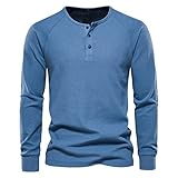Men's Long Sleeve Ribbed Henley Shirts Stretch 3-Button Cotton T-Shirts Fashion Casual Basic Golf Tops (Medium,Blue)