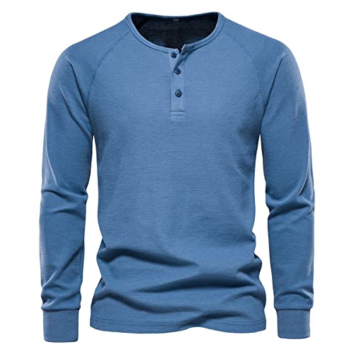Men's Long Sleeve Ribbed Henley Shirts Stretch 3-Button Cotton T-Shirts Fashion Casual Basic Golf Tops (Medium,Blue)