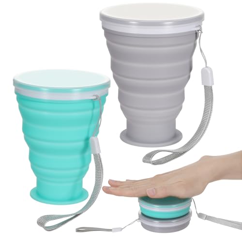 Yuanan 2 Pack Collapsible Cups for Traveling, Silicone Camping Cups Portable Travel Water Cup with Lids, Collapsible Water Cup for Outdoor Hiking, Grey & Blue