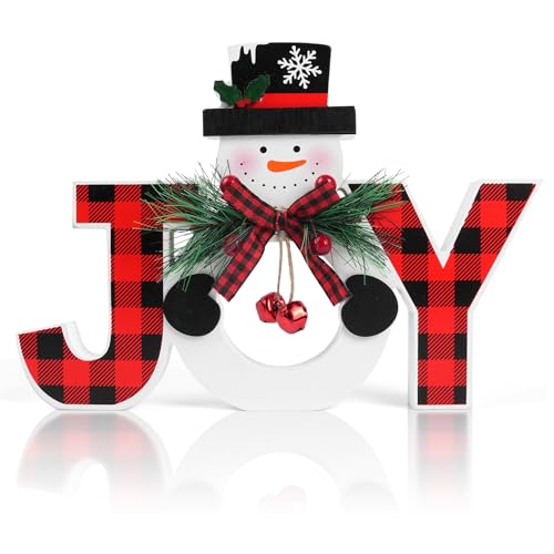 Christmas Table Decorations Wooden Joy Table Centerpieces Snowman Table Sign Standing Tabletop Merry Christmas Decoration for Holiday Office Desk Tiered Tray Party Shelf Decorations Farmhouse Winter