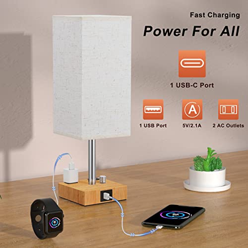 Aooshine Fully Dimmable Table Lamp With Usb C Solid Wood Bedside Lamp With Usb C+A Ports And Dual Ac Outlets, Bedroom Lamp With Dimmable Bulb, Nightstand Light Small Lamp For Living Room(Beige) #TOP3
