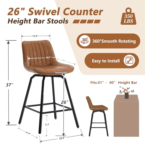 Image of 26 inch Counter Height Bar Stools Set of 4, 360Swivel Bar Stools Stripes PU Leather, Island Stools with Back and Metal Legs, Bar Chairs for Kitchen, Bar, Dining Room, Brown