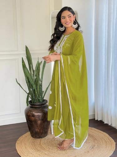 Image of Naixa Women's Cotton Embroidered Straight Kurta with Pant and Dupatta Sets (Available in Plus Size) (NX-574)