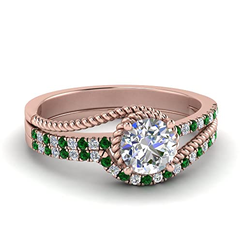 Image of Choose Your Gemstone Rope Split Shank Wedding Ring Set Rose Gold Plated Round Shape Wedding Ring Sets Everyday Jewelry Wedding Jewelry Handmade Gifts for Wife US Size 4 to 12
