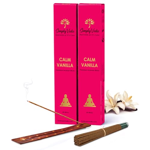 Image of Simply Vedic Luxe Vanilla Incense Sticks (50 Sticks) Hand Rolled Masala Agarbatti with Holder | Natural Long Lasting Fragrance for Relaxation Home Fragrance Meditation Comfort Aroma Low Smoke