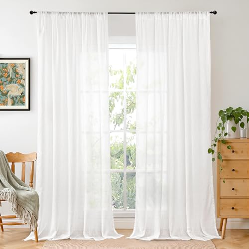 Image of BGment White Linen Semi Sheer Curtains 84 Inch Length for Living Room | Rod Pocket Light Filtering Drapes for Bedroom Dining Long Window Treatments Lightweight, 2 Panels Set, 52 X 84 Inch