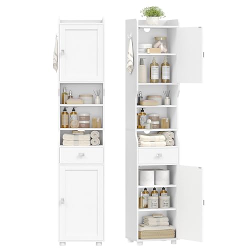 HEXCELEN Badezimmerschrank, Badschrank Schmal Hoch, Hochschrank Badezimmer, Badschrank mit 2 Türen und 1 Schublade, Verstellbaren Ablagen Offenen Fach Platzsparender Badregal 28 x 38 x 180 cm Weiß