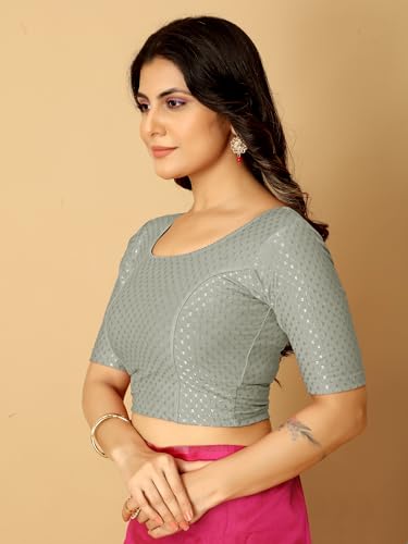 Image of Amazon Brand - Anarva Round Neck Dobby Cotton Lycra Stretchable Elbow Half Sleeve Readymade Saree Blouse for Women Stylish
