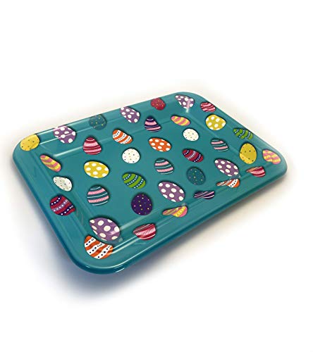 Happy Easter Plastic Extra Large Serving Trays Disposable Festive and Vibrant Assorted Designs Such as Bunny Rabbit and Stripes in Rectangular or Egg Shaped Trays (Set of 4)