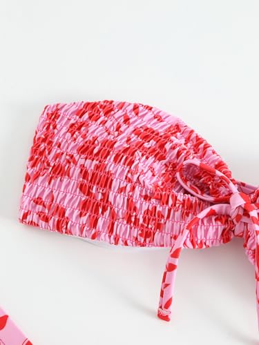 GORGLITTER Women's Strapless Bandeau String Bikini Set Floral Bow Swimsuit High Waisted Smocked Bathing Suit3